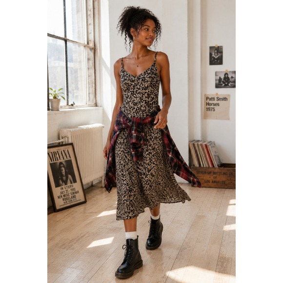 Old Navy Dresses & Skirts - Vtg Old Navy Midi Slip Dress Womens 10 Black Floral 90s Y2K Grunge Dark Romantic
